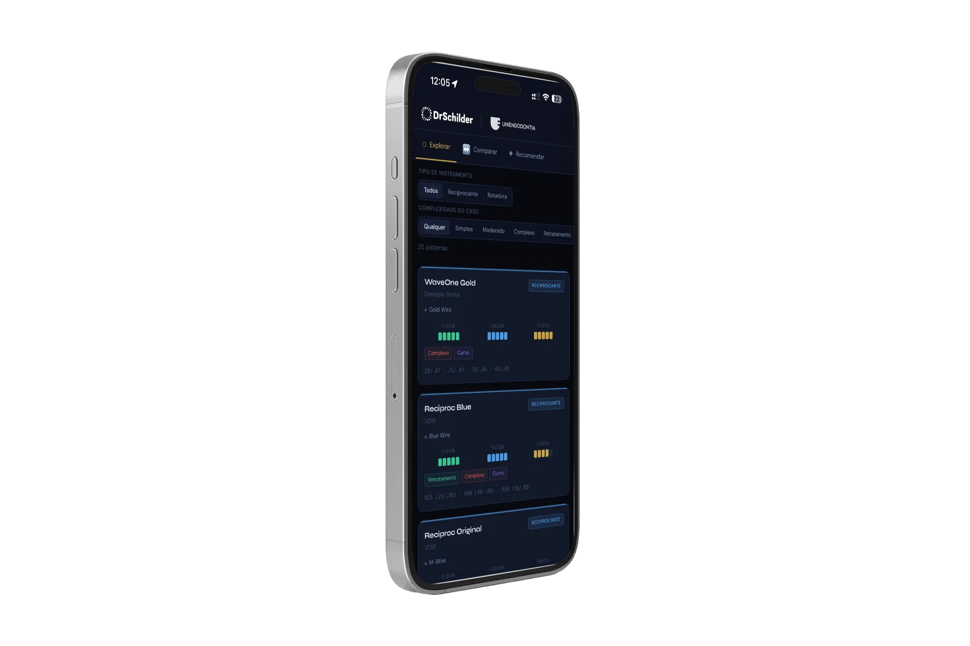 DrSchilder Seletor — interface mobile do app em iPhone